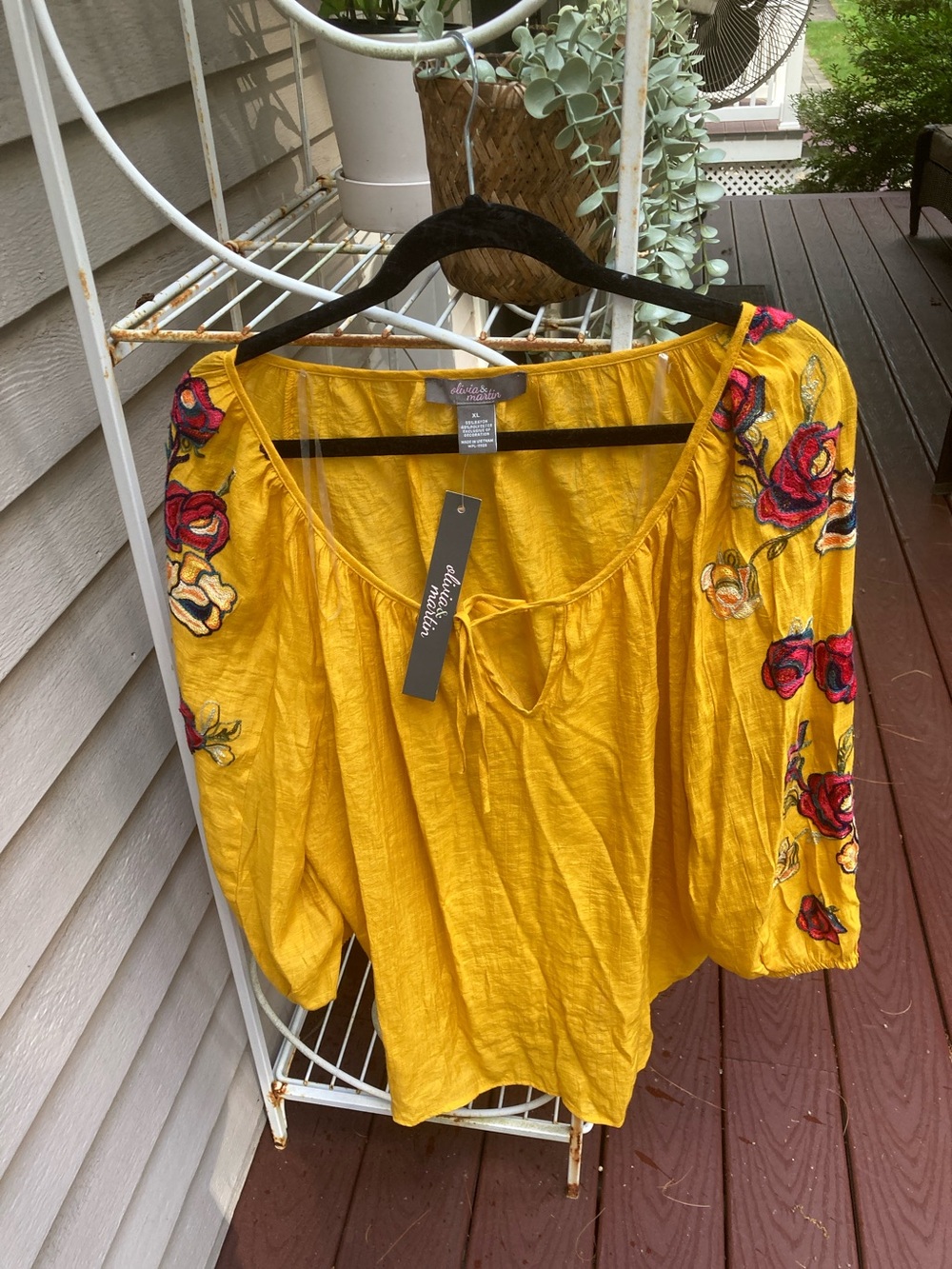 NWT Mustard Yellow Embroidered Peasant Top
